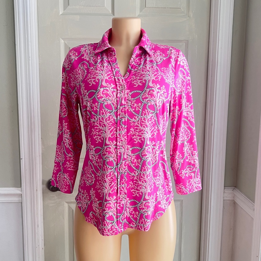 Lulu-B Button Down Shirt S Womens 3/4 Sleeve Nautical Coral Pink Preppy Coastal